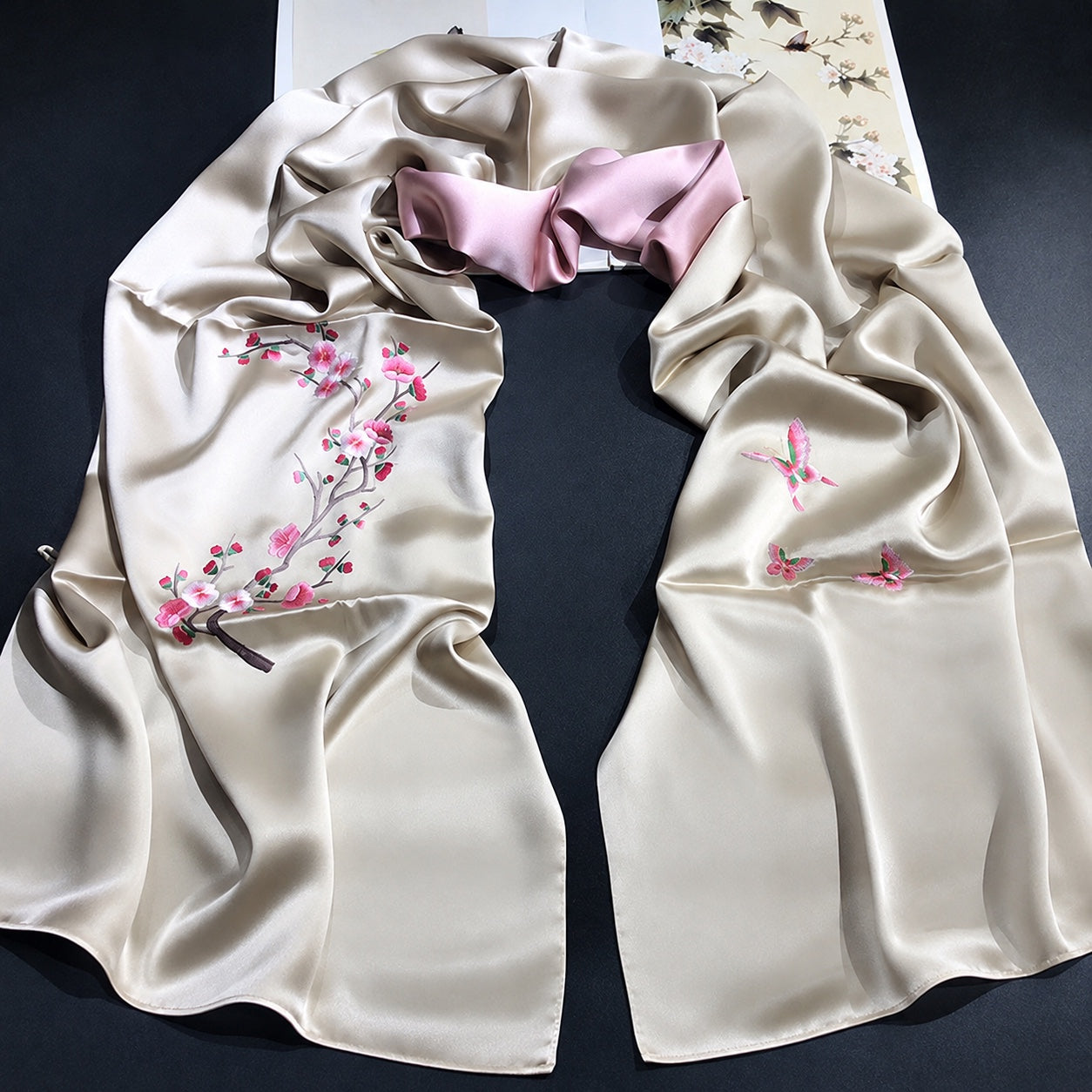 Peach Blossom Su Embroidered Silk Scarf