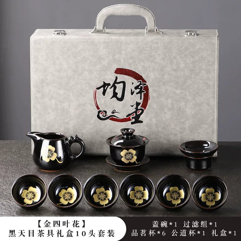 Black Tenmoku Gold Leaf Tea Set