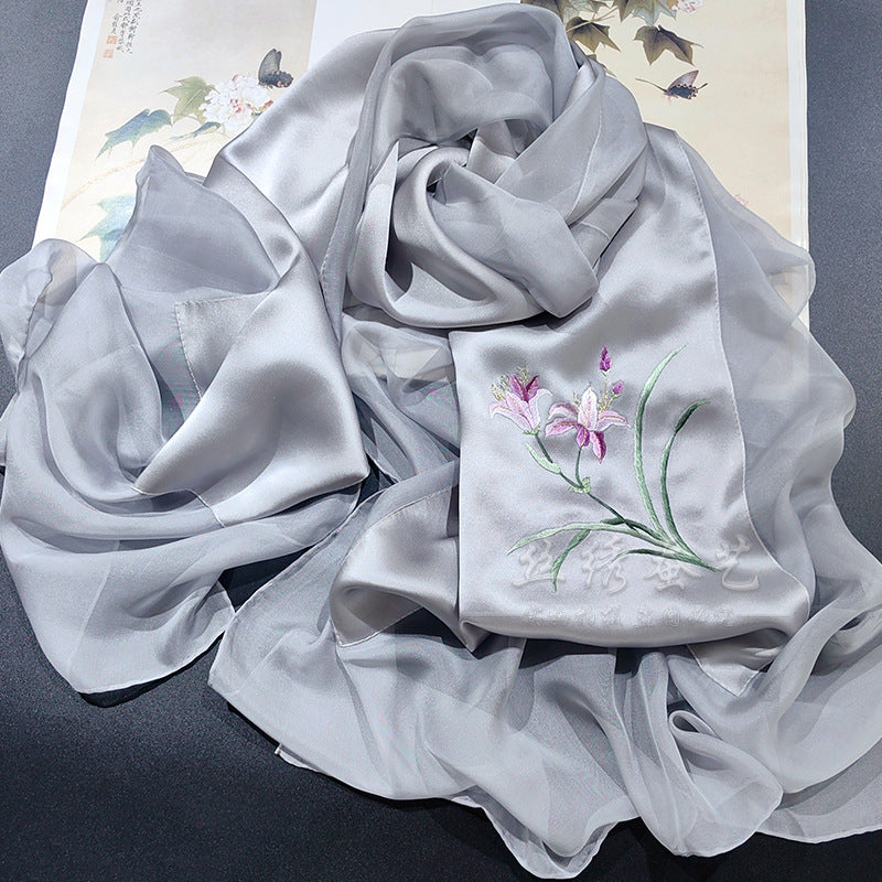 Hand-Embroidered Silk Chiffon Long Scarf