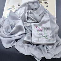 Hand-Embroidered Silk Chiffon Long Scarf