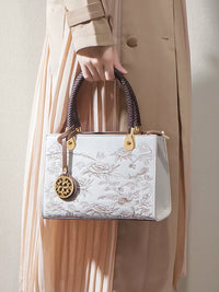 Brown and White Embroidered Handbag
