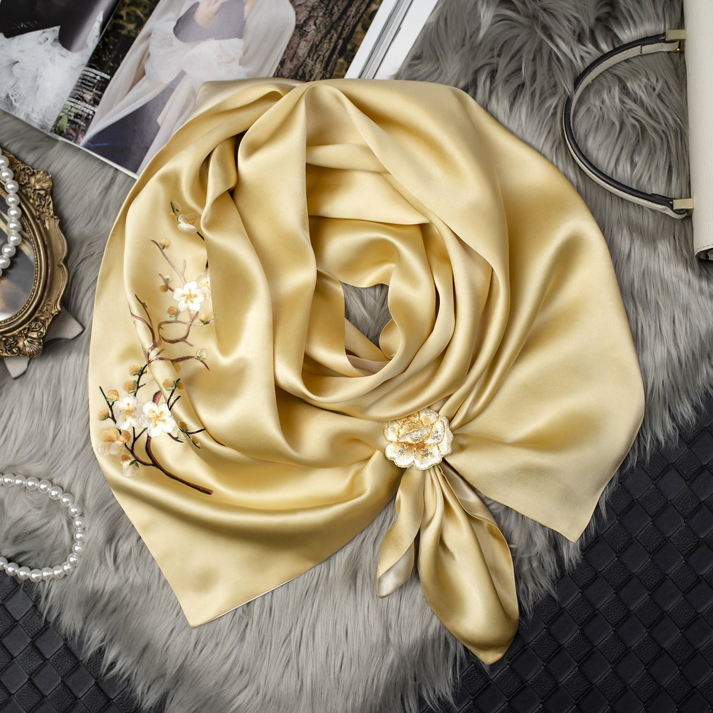 Five Plum Blossoms Silk Scarf and Ring Set