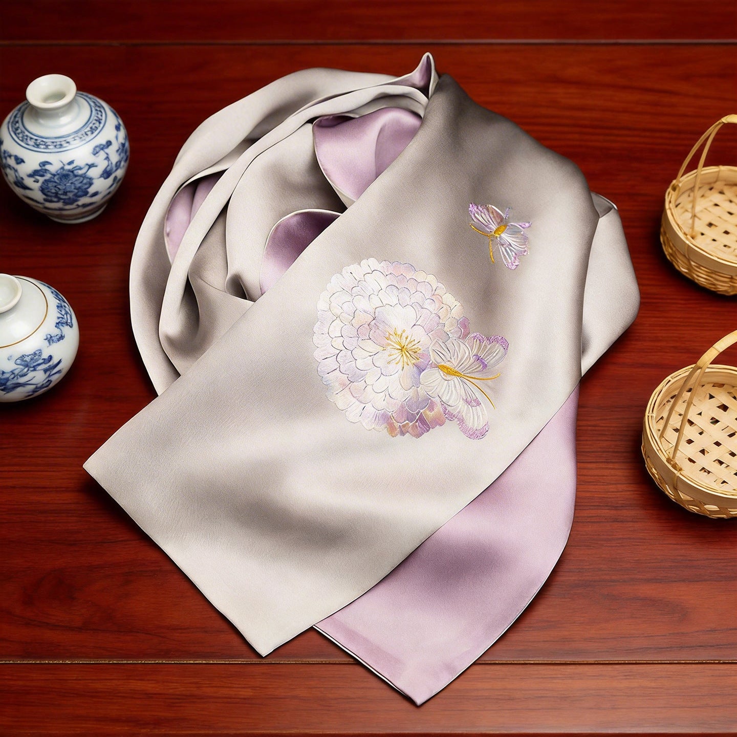100% Mulberry Silk Su Embroidery Long Scarf