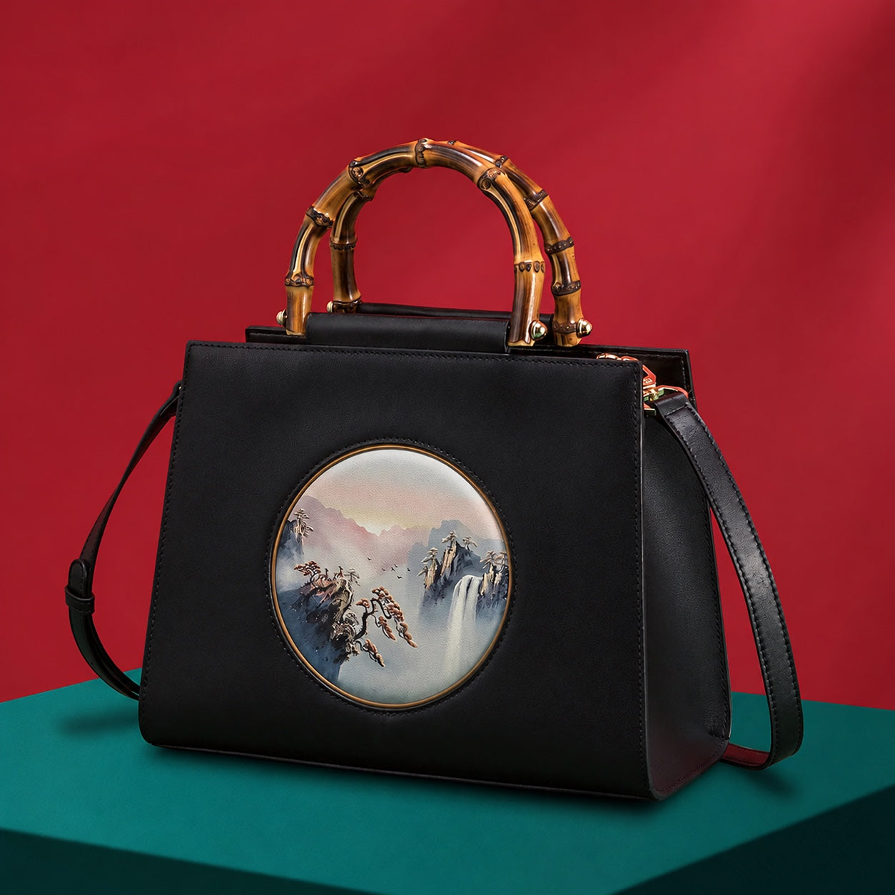 Su Embroidered Leather Handbag, Black or White