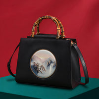 Su Embroidered Leather Handbag, Black or White