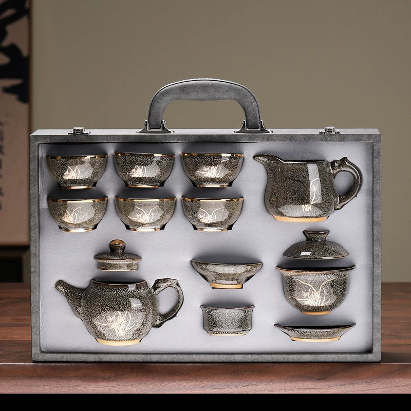 Jian Ware Tea Set with Gold Bamboo