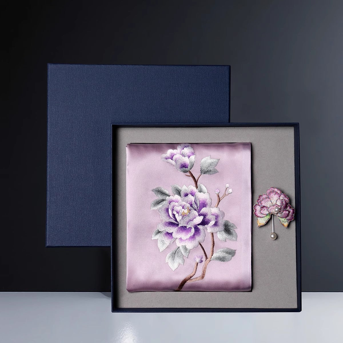 Embroidered Mulberry Silk Scarf and Brooch Set