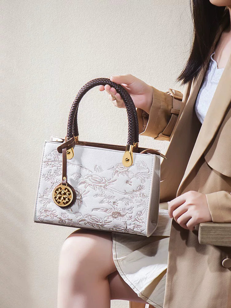 Brown and White Embroidered Handbag