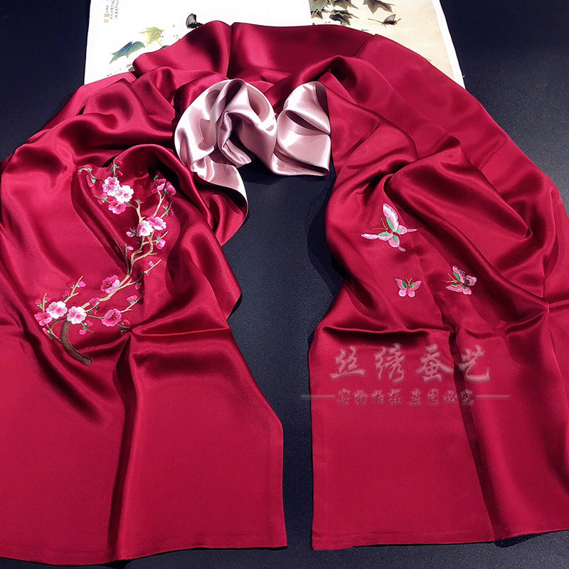 Peach Blossom Su Embroidered Silk Scarf