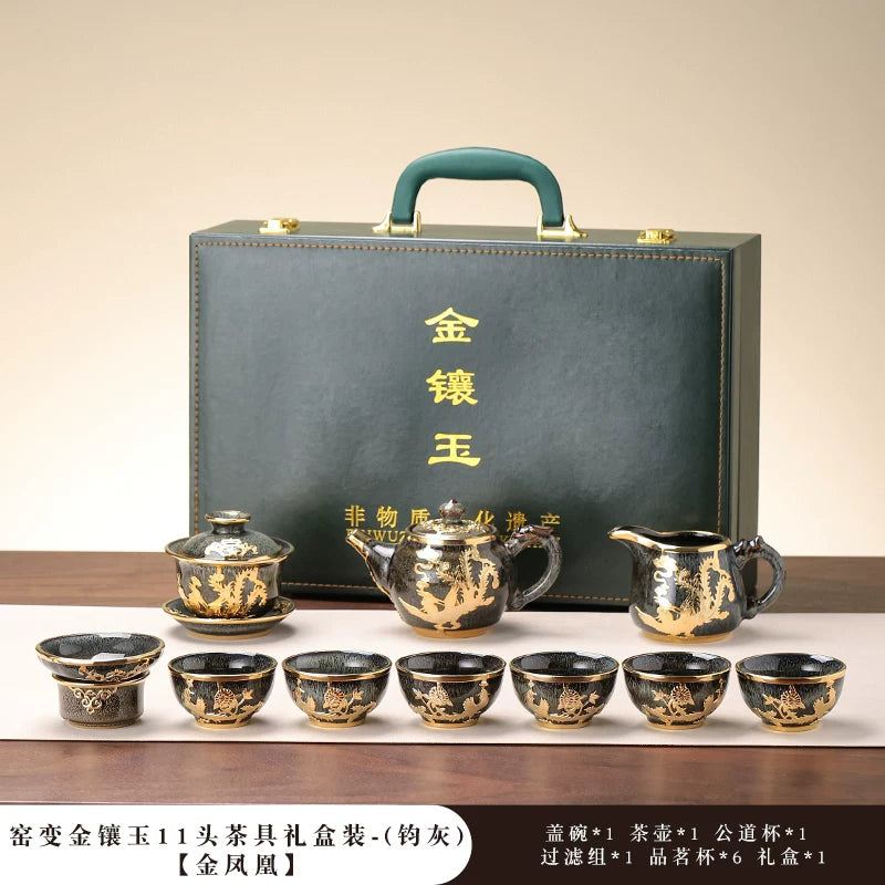 Gold-Inlaid Jade Kung Fu Tea Set Classic