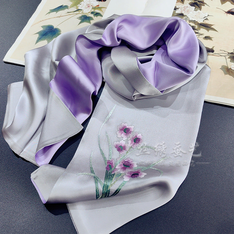 Su Embroidery Silk Long Scarf, Orange Tones