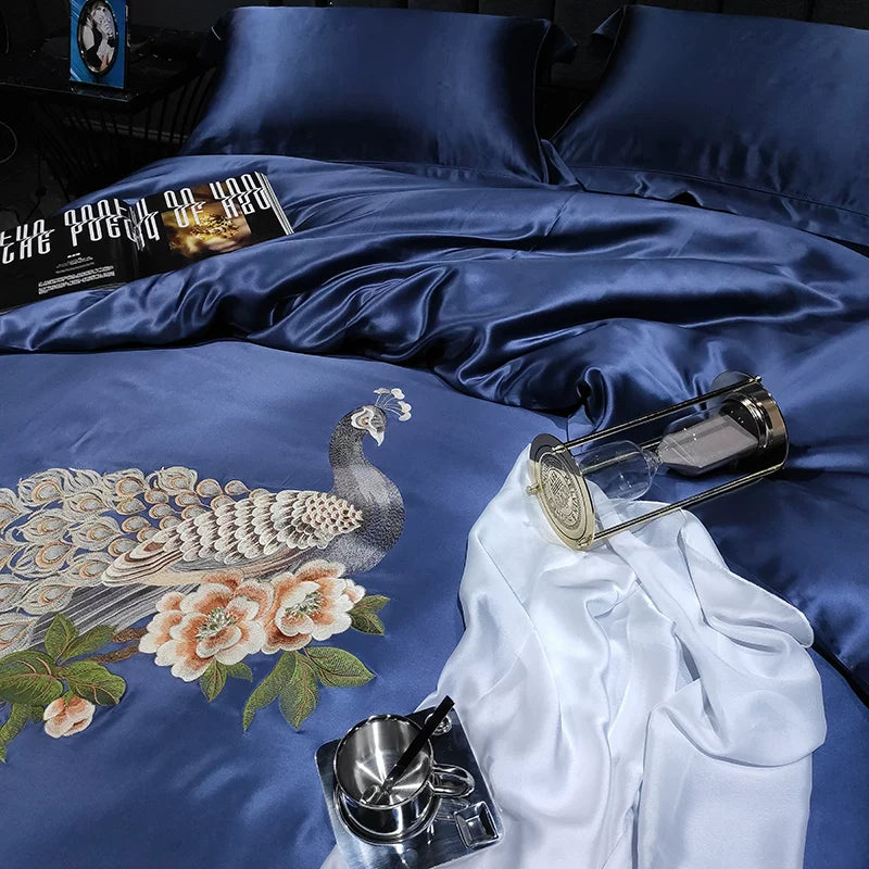 高端奢华刺绣真丝四件套重磅桑蚕丝绣花被套别墅丝绸床上用品套件