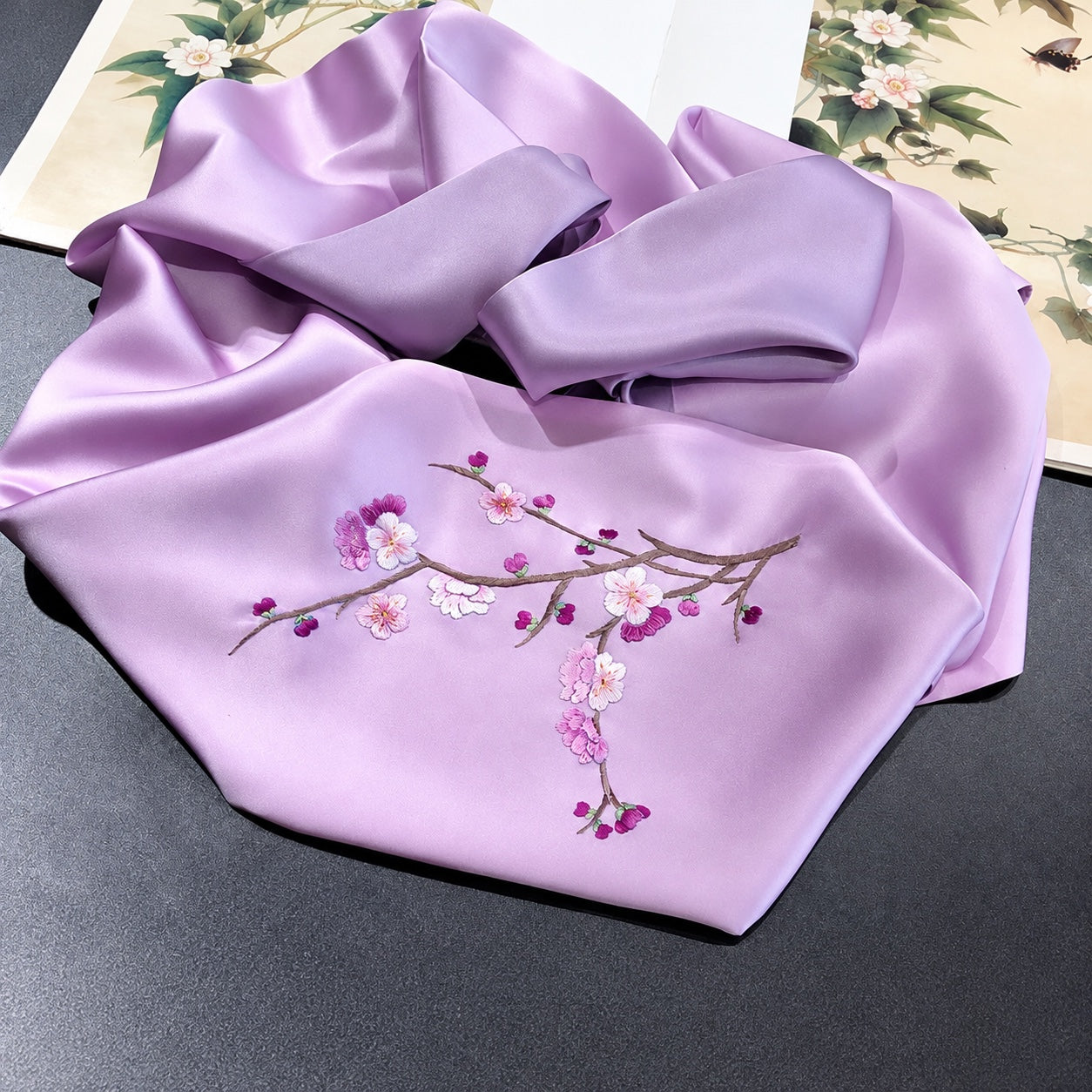 Hand Embroidered Silk Scarf, Blue Tones
