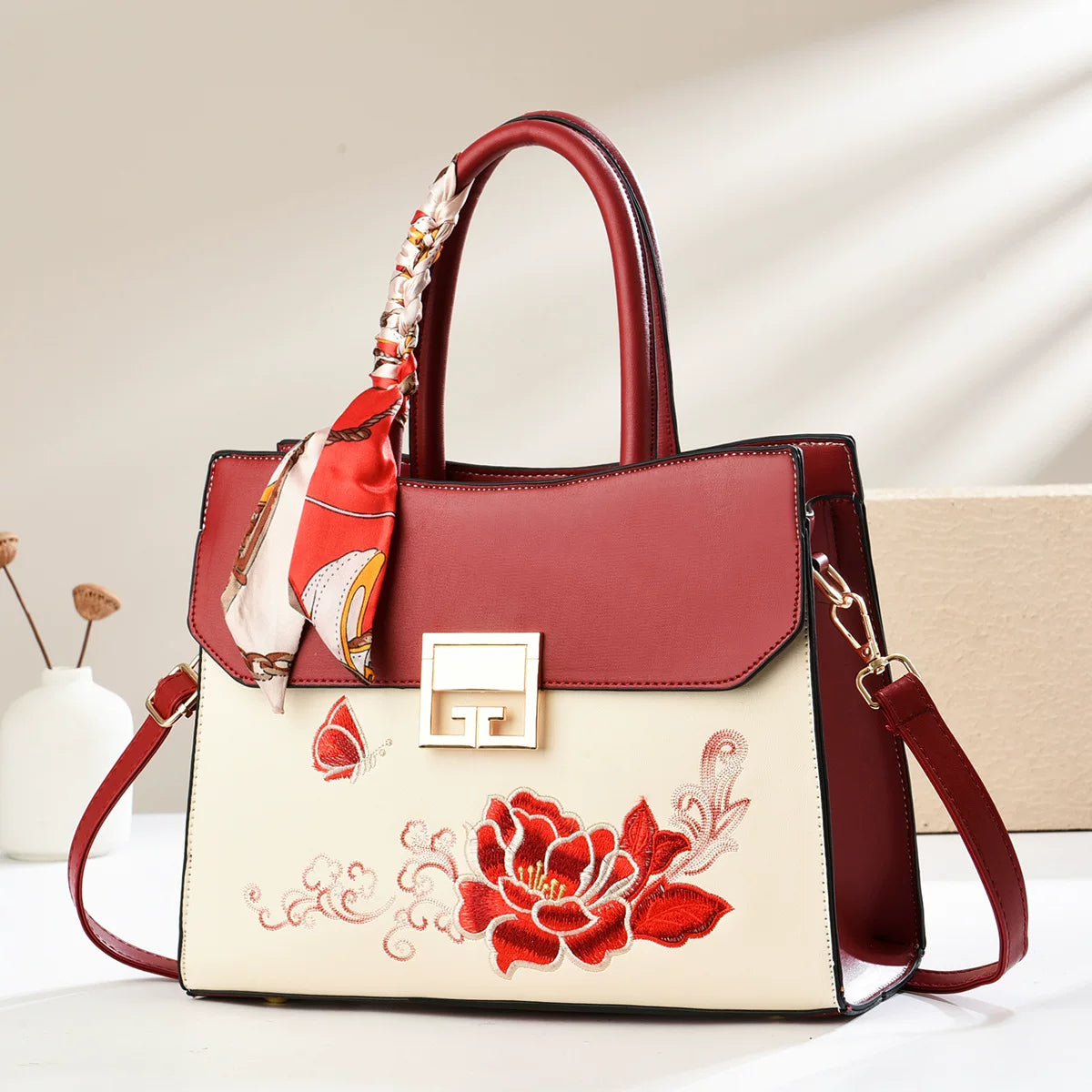 Large Embroidered Handbag in Blue or Burgundy