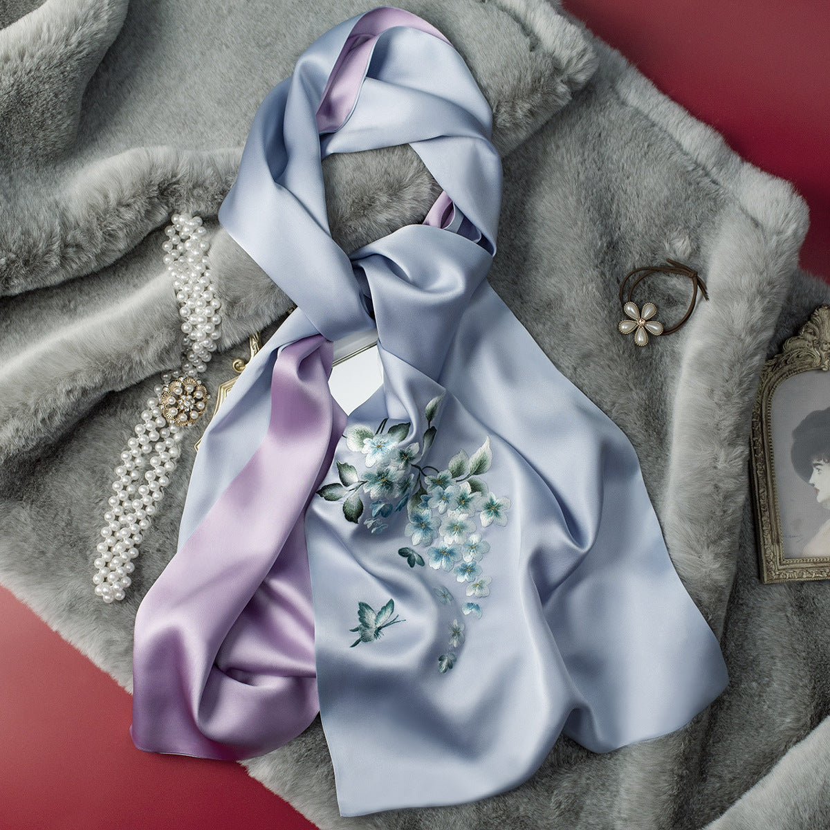 Su Embroidery Mulberry Silk Scarf with Gift Box