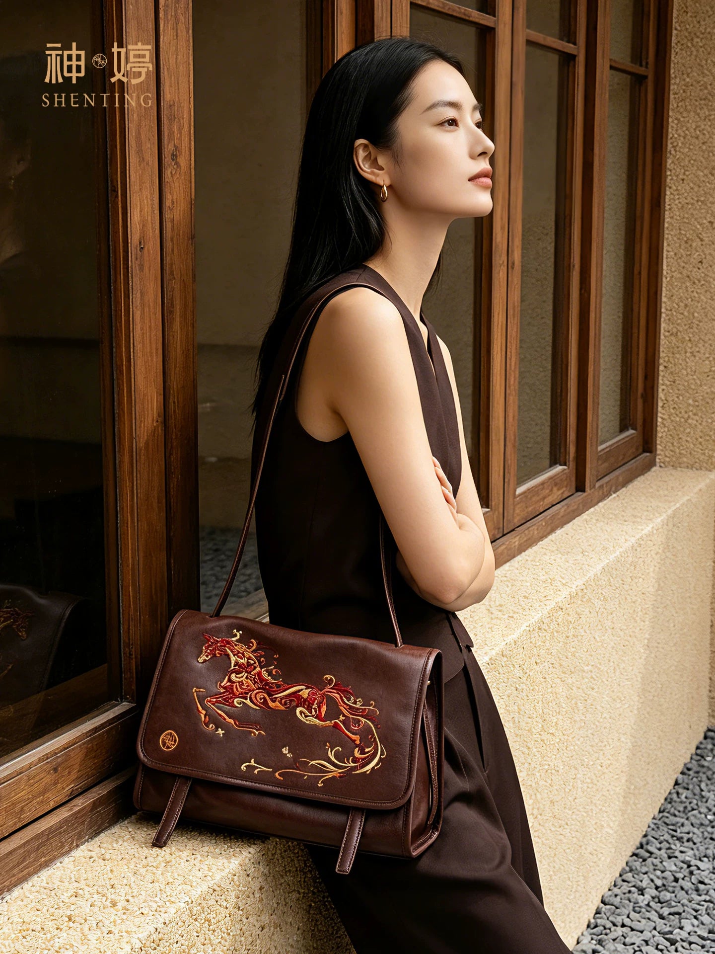 Embroidered Leather Messenger Bag