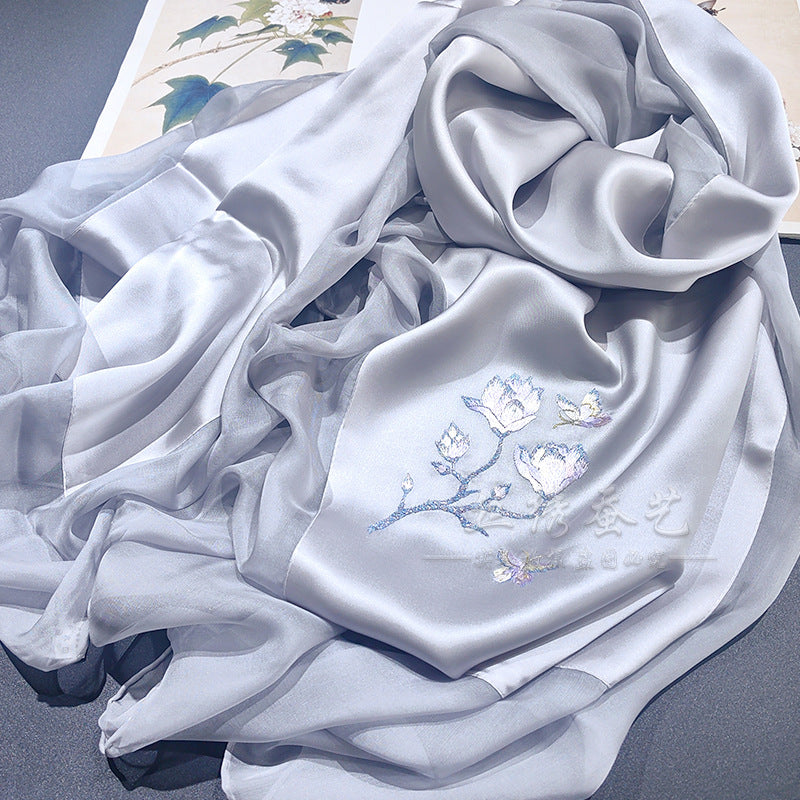 Hand-Embroidered Silk Chiffon Long Scarf