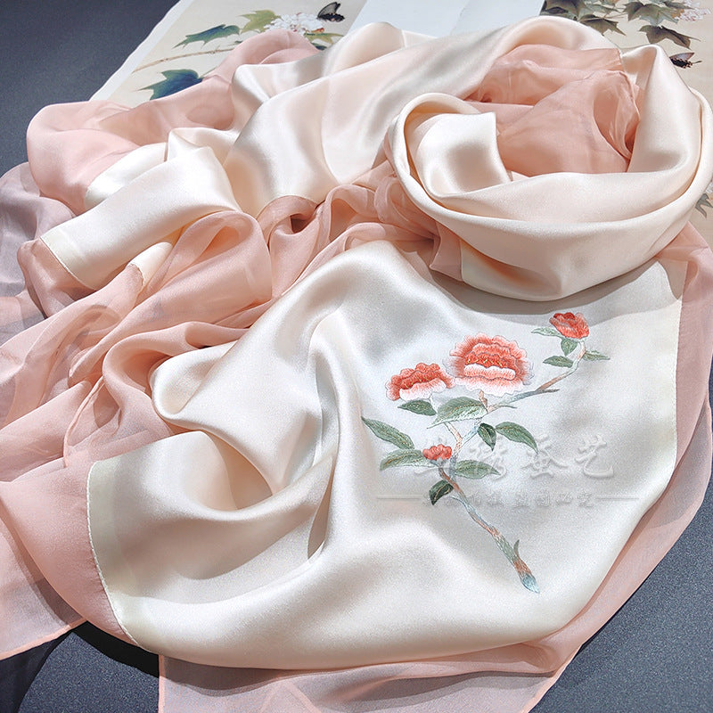 Hand-Embroidered Silk Chiffon Long Scarf