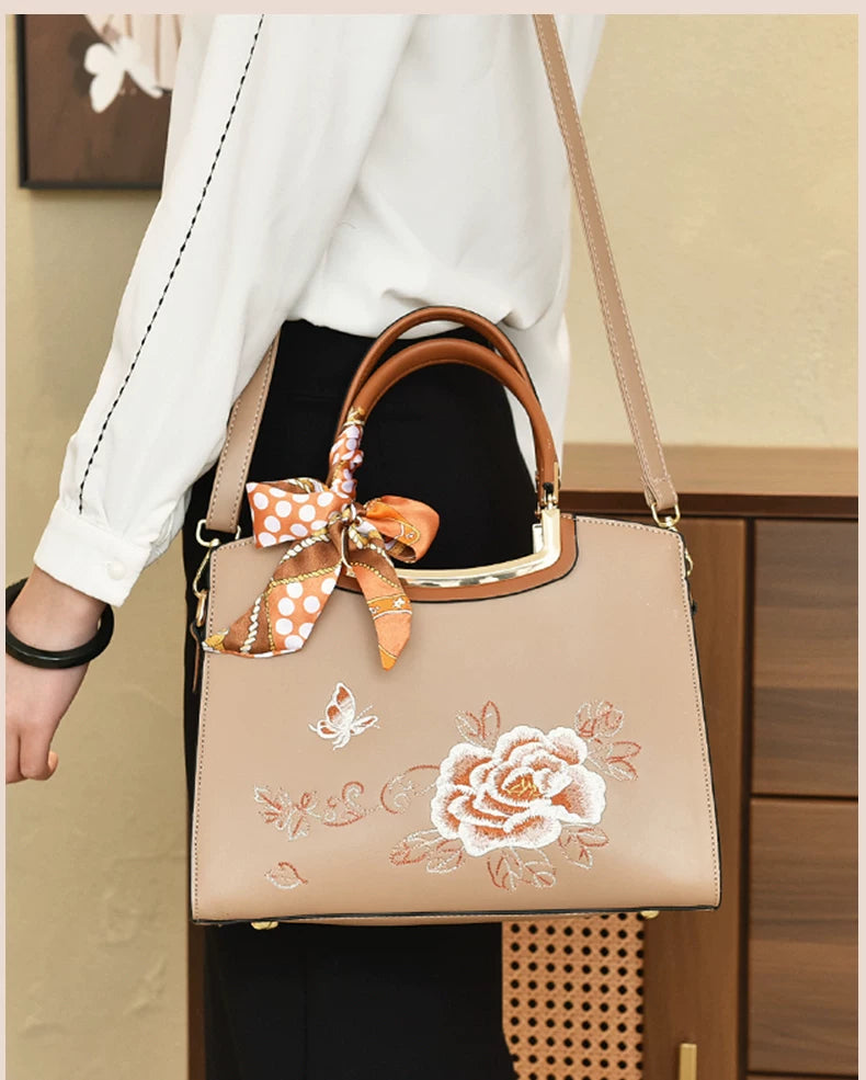 Three-Compartment Embroidered Handbag
