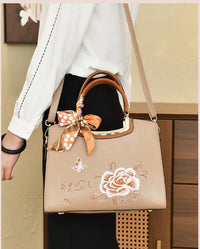 Three-Compartment Embroidered Handbag