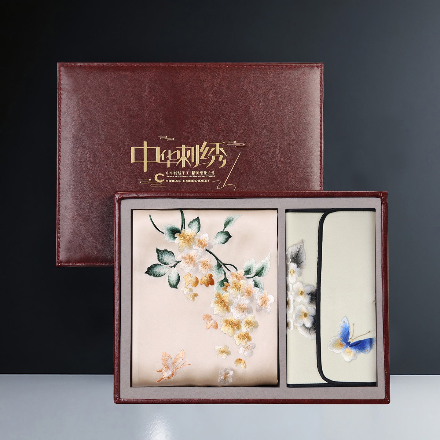 Embroidered Mulberry Silk Scarf and Wallet Set