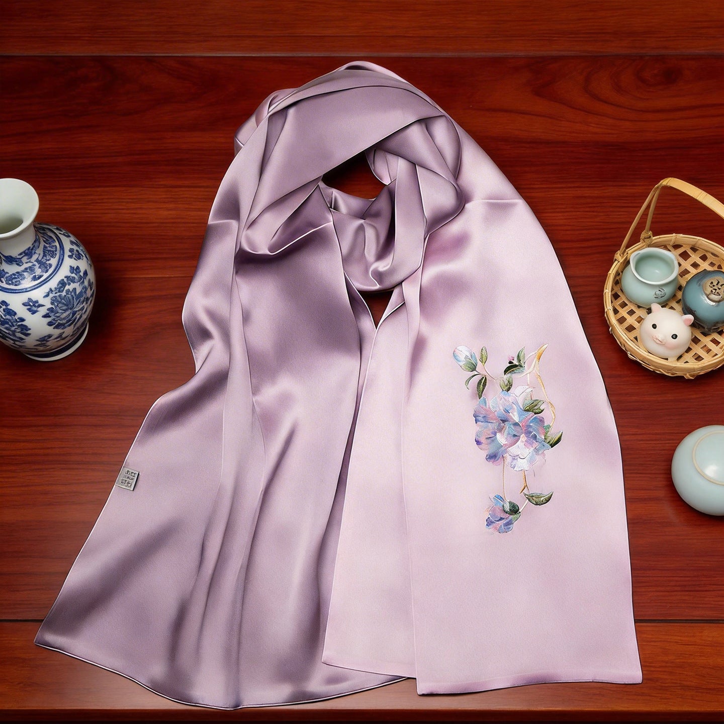 100% Mulberry Silk Su Embroidery Long Scarf