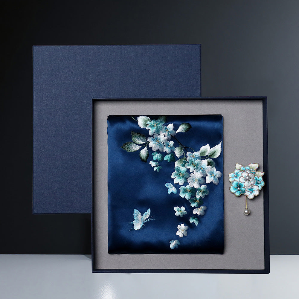 Embroidered Mulberry Silk Scarf and Brooch Set
