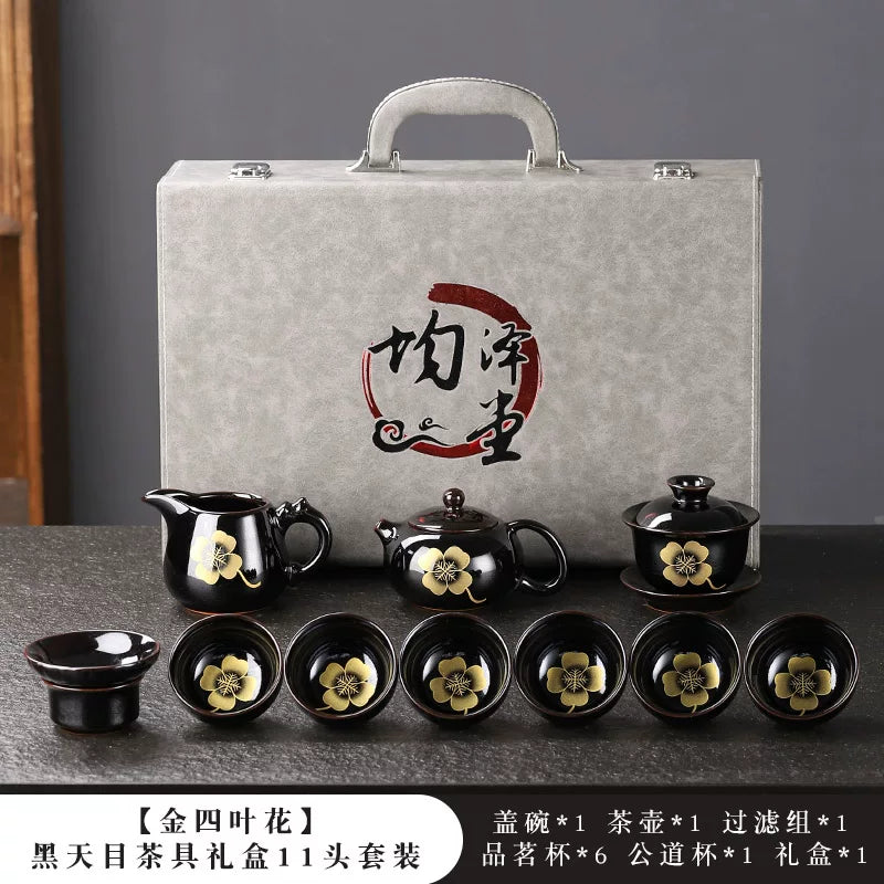 Black Tenmoku Gold Leaf Tea Set