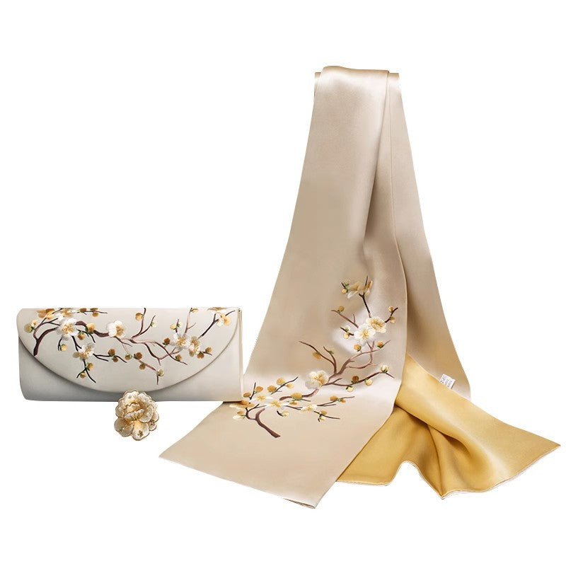 Su Embroidery Silk Scarf, Clutch and Ring Set