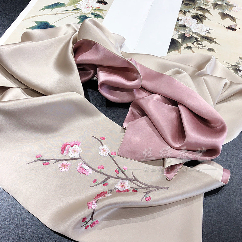 Hand Embroidered Silk Scarf, Blue Tones