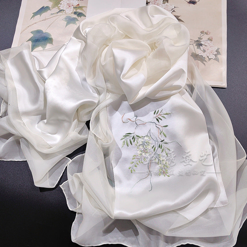 Hand-Embroidered Silk Chiffon Long Scarf