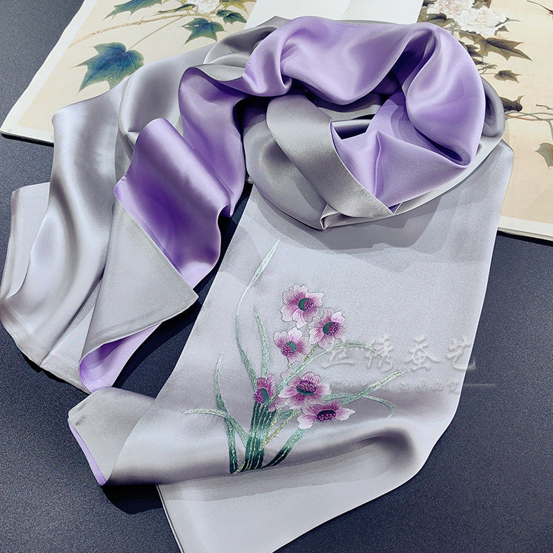 Su Embroidery Silk Long Scarf, Orange Tones