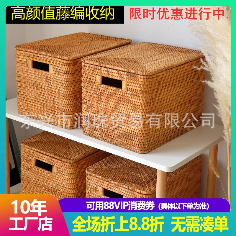 Rattan Storage Basket with Handles & Lid