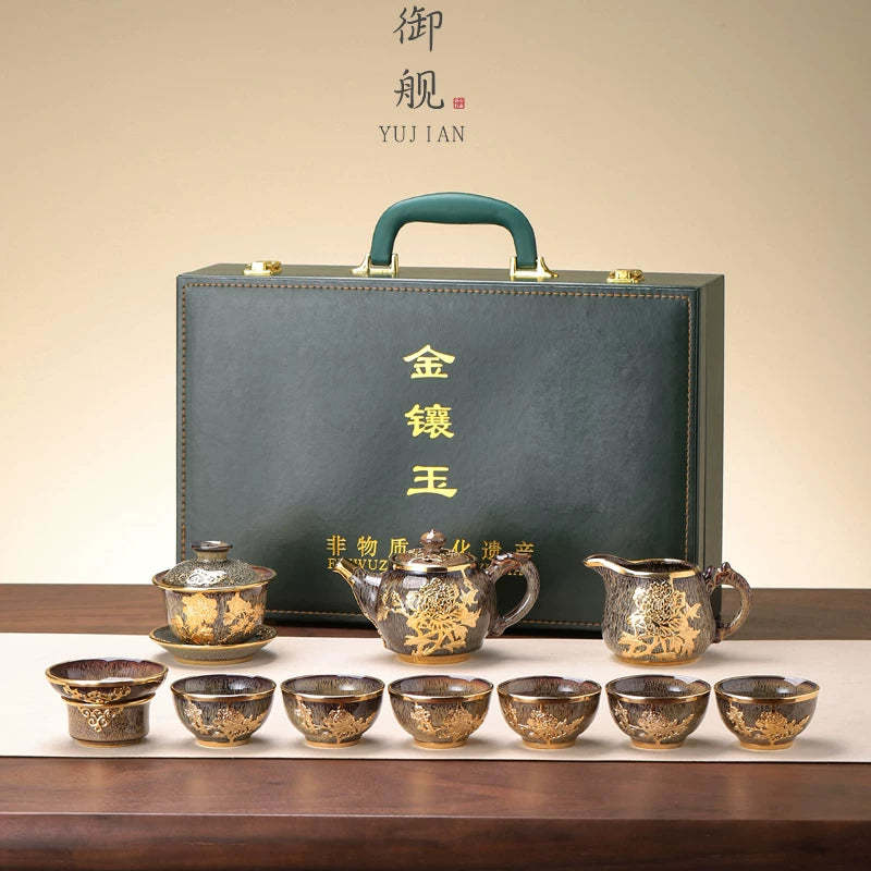 Gold-Inlaid Jade Kung Fu Tea Set Classic