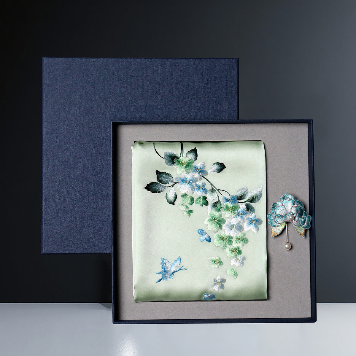 Embroidered Mulberry Silk Scarf and Brooch Set