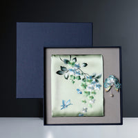 Embroidered Mulberry Silk Scarf and Brooch Set