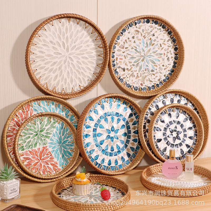 Rattan & Shell Inlay Round Tray