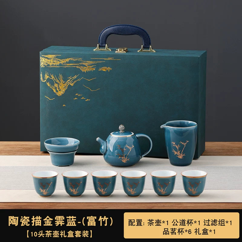 Celadon Gold-Rim Mutton-Fat Jade Tea Set