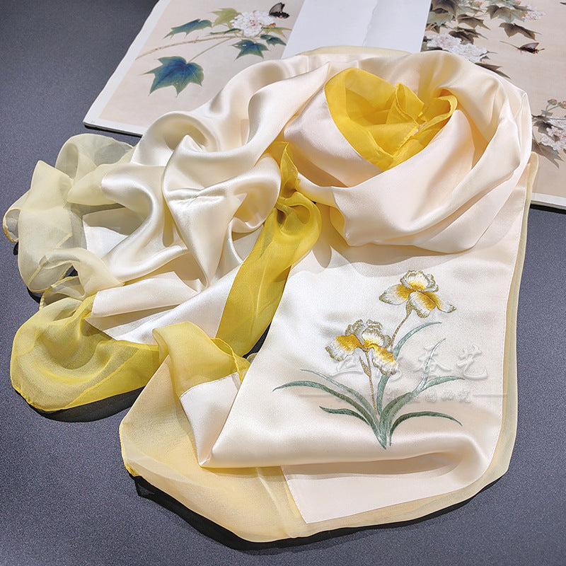 Hand-Embroidered Silk Chiffon Long Scarf