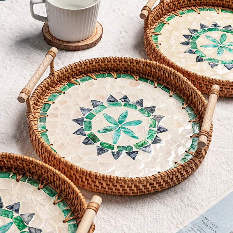 Rattan & Shell Round Tray
