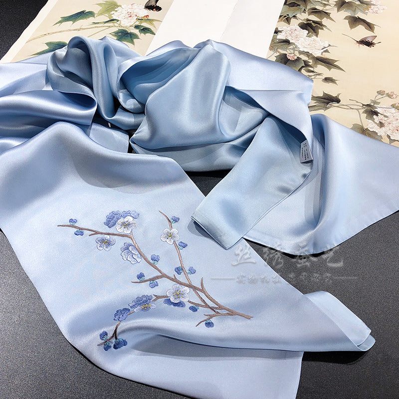 Hand Embroidered Silk Scarf, Blue Tones