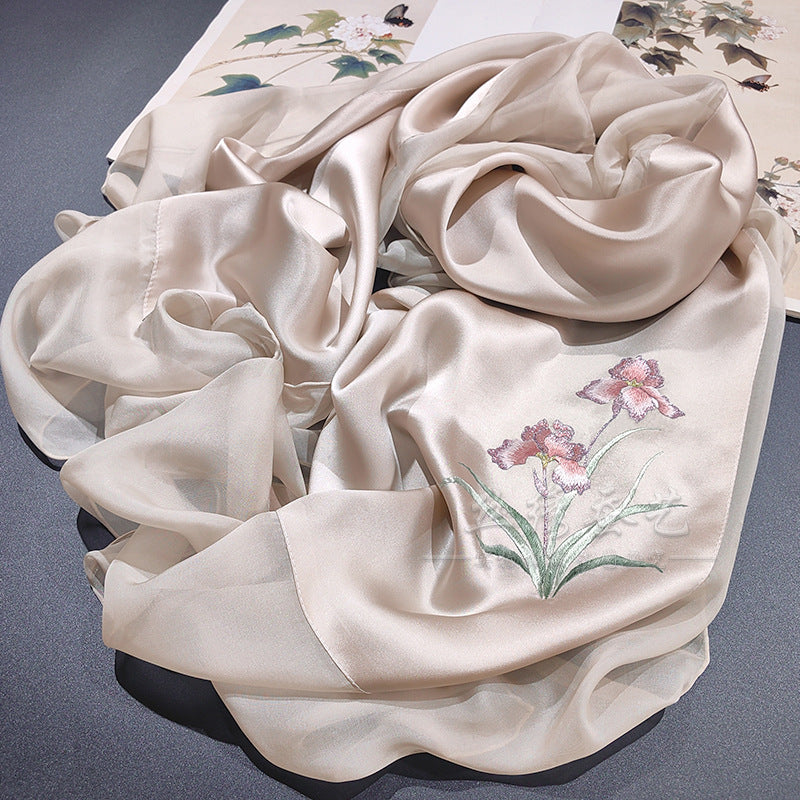 Hand-Embroidered Silk Chiffon Long Scarf
