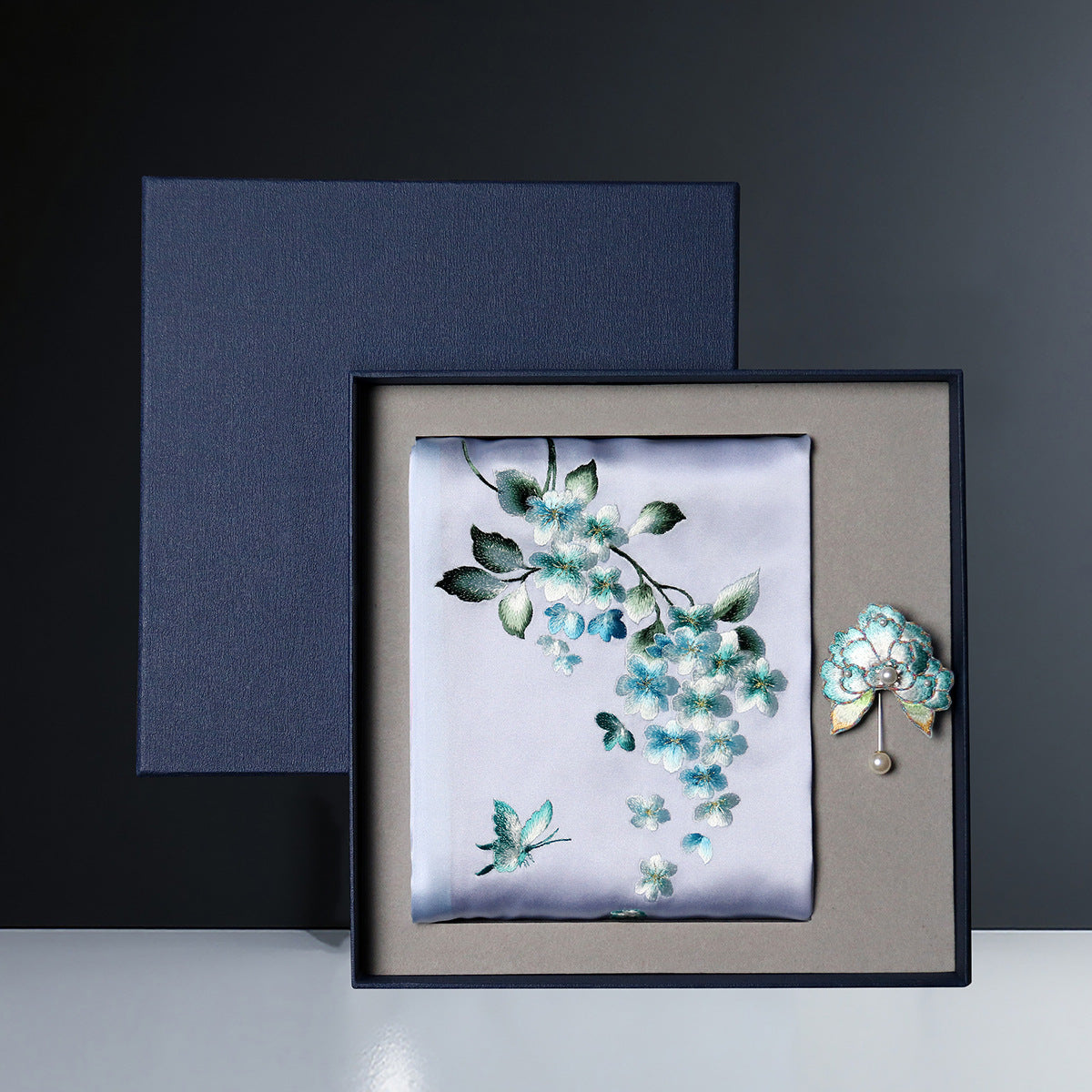 Embroidered Mulberry Silk Scarf and Brooch Set