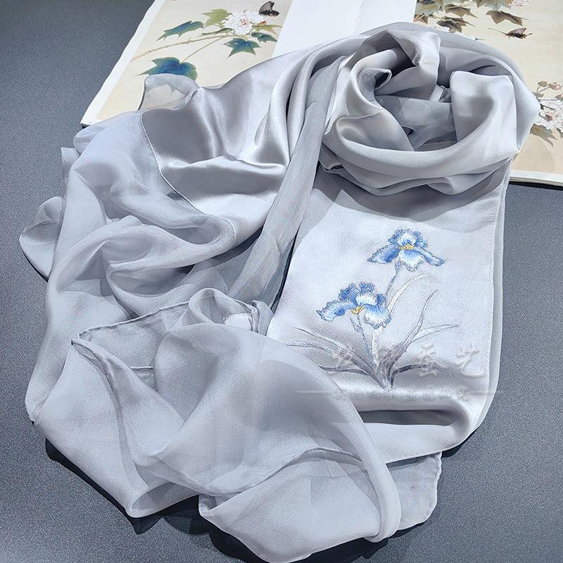 Hand-Embroidered Silk Chiffon Long Scarf