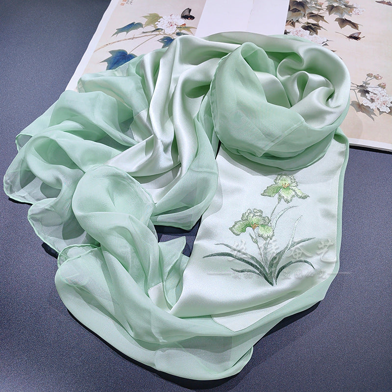Hand-Embroidered Silk Chiffon Long Scarf