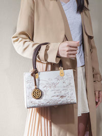 Brown and White Embroidered Handbag