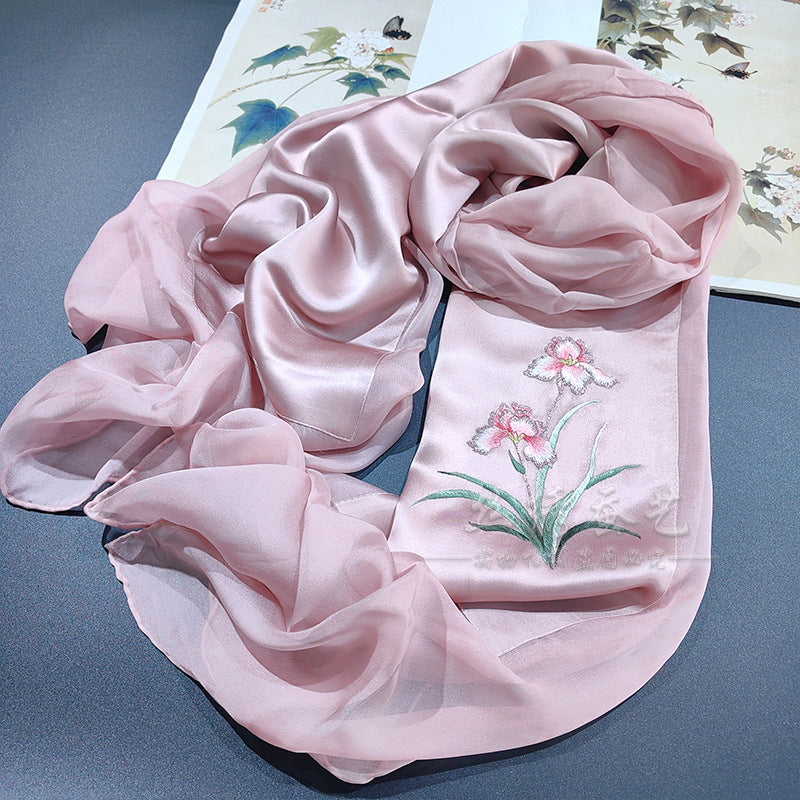 Hand-Embroidered Silk Chiffon Long Scarf