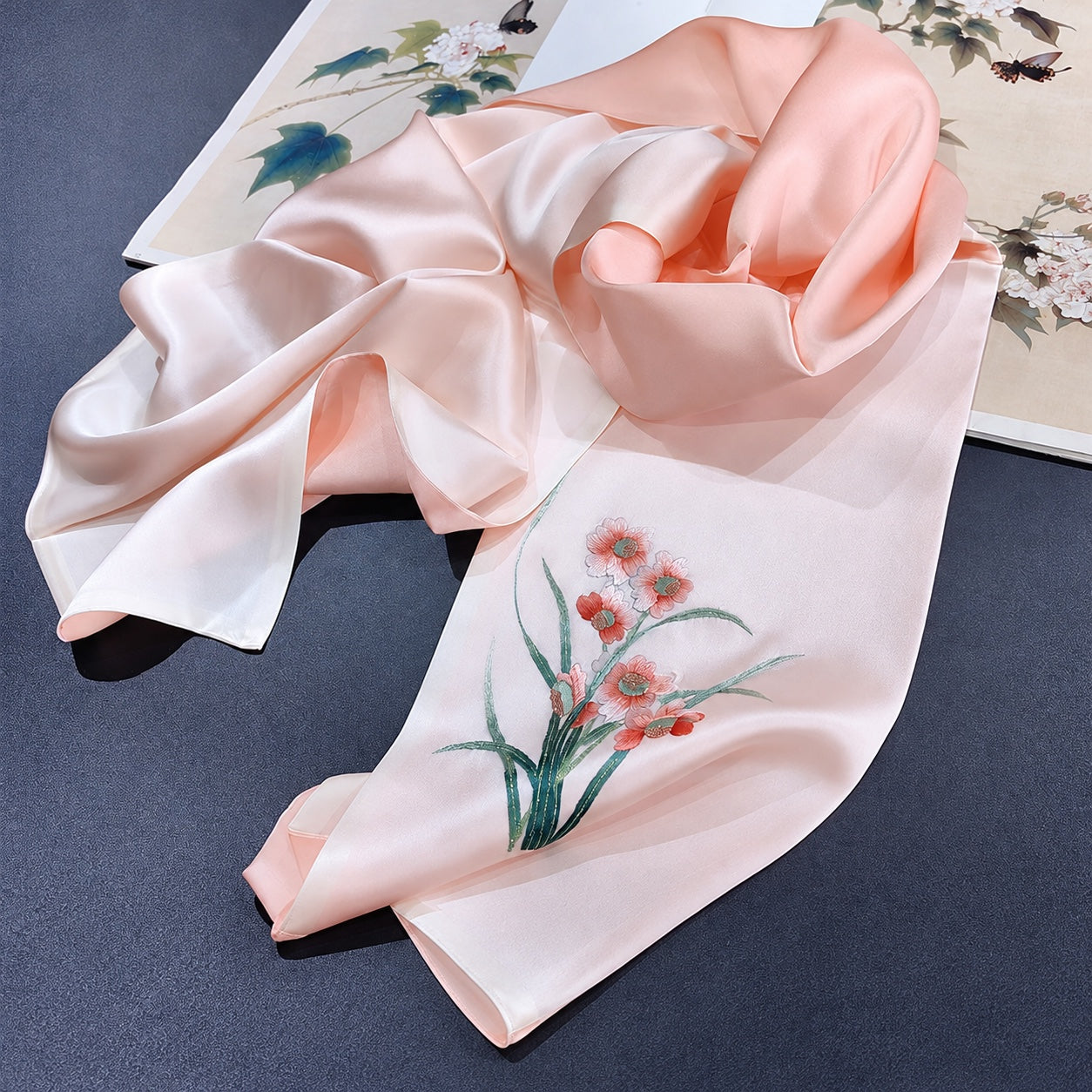 Su Embroidery Silk Long Scarf, Orange Tones
