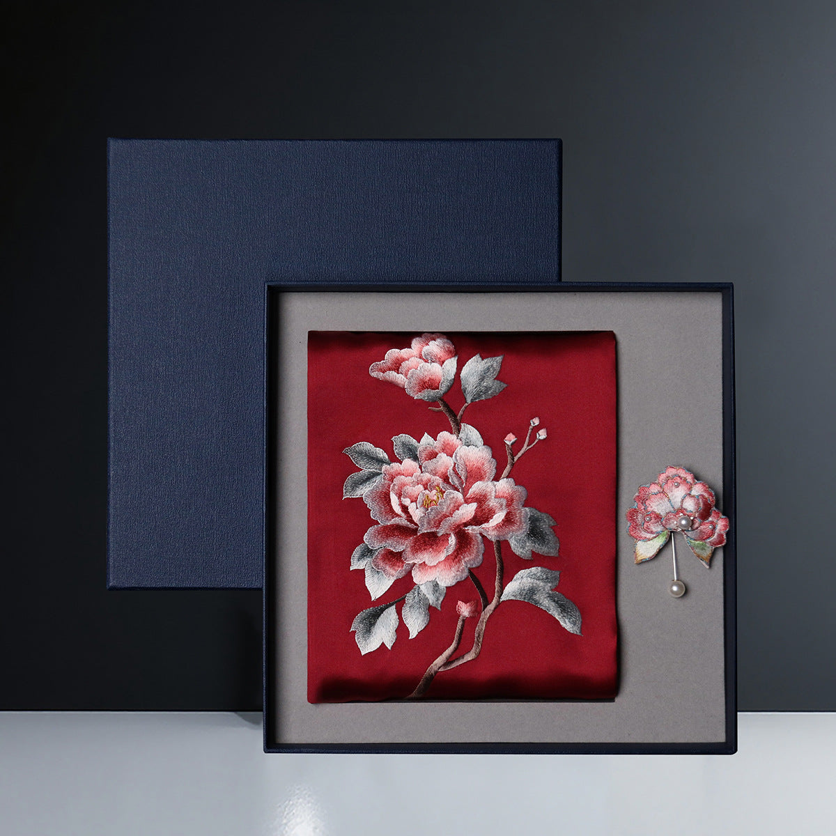 Embroidered Mulberry Silk Scarf and Brooch Set