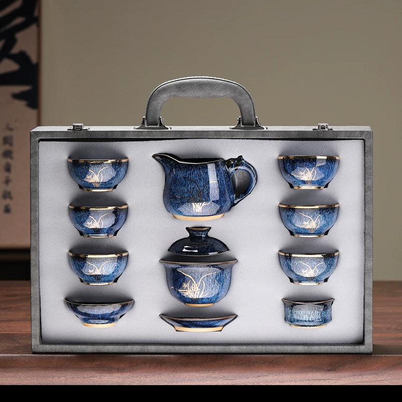 Jian Ware Tea Set with Gold Bamboo